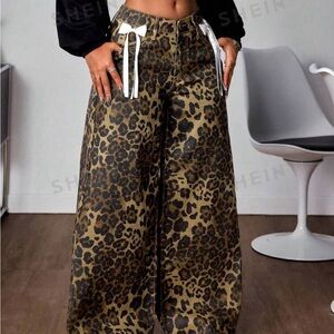 SHEIN ICON Women's Fashion Leopard Print Bow Decorated Wide Leg Jeans